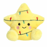 Golden-yellow star plush with embroidered string lights, rosy cheeks, and a big smile